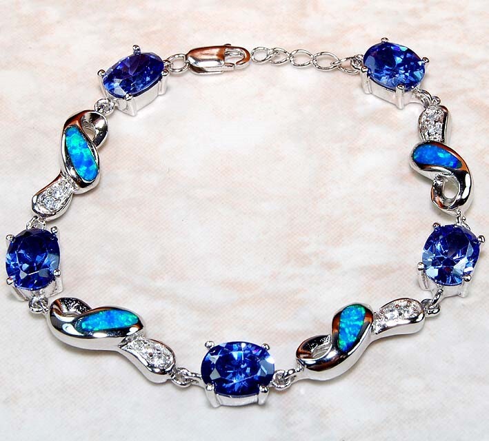 Sapphire & Australian Opal Inlay 925 Sterling Silver Tennis Bracelet