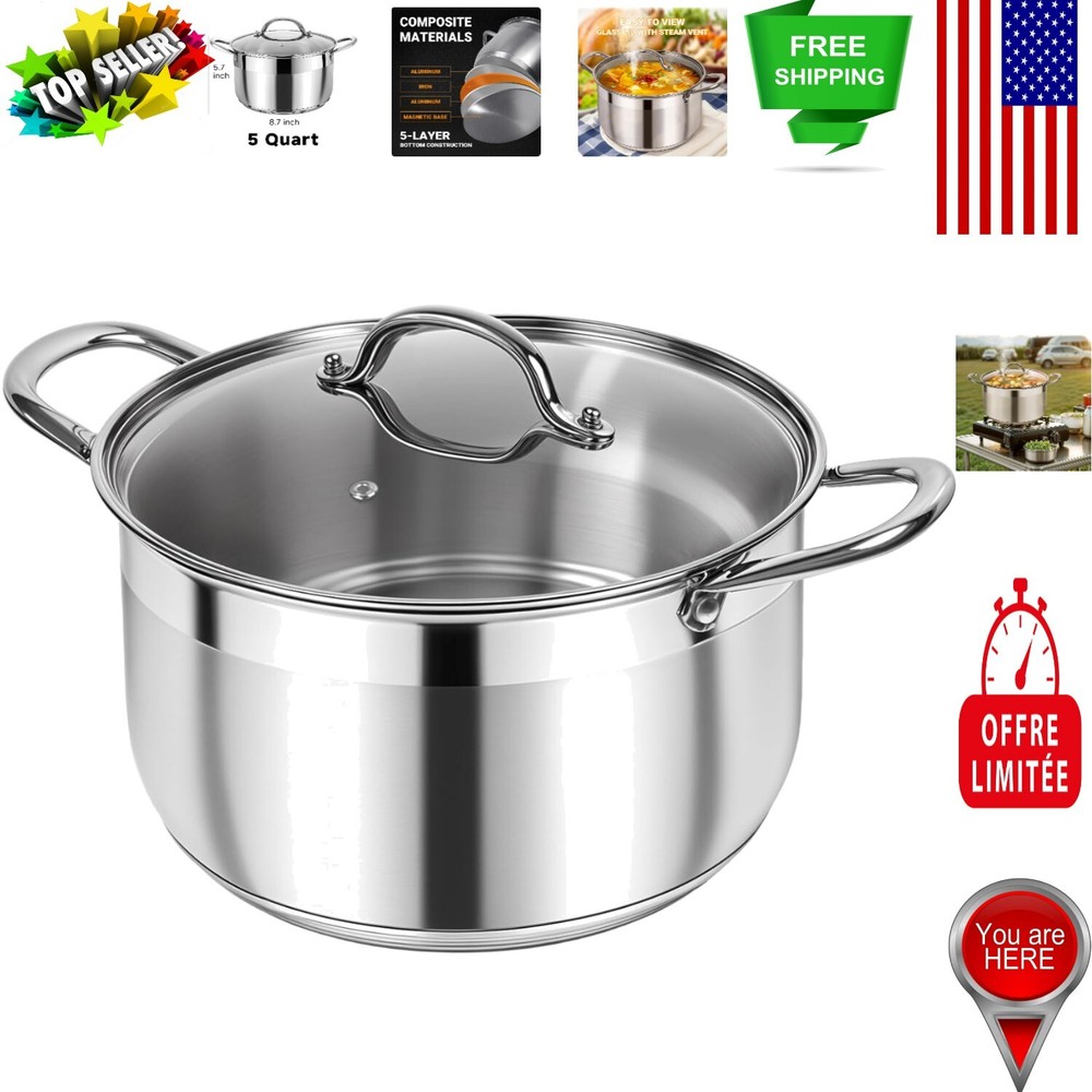 5 Quart Induction Stock Pot with Glass Lid & Non-Stick Coating