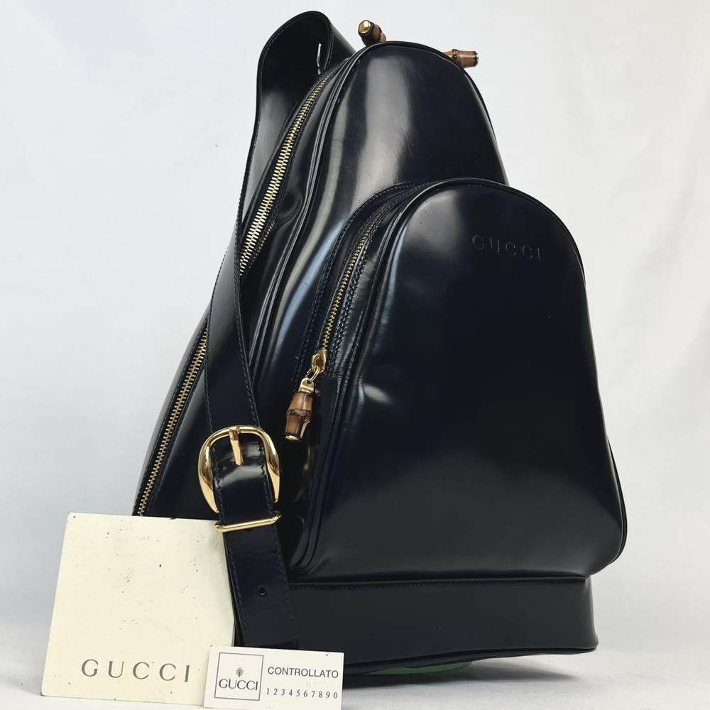 Gucci Navy Bamboo Leather Shoulder Bag Rare Vintage Preowned