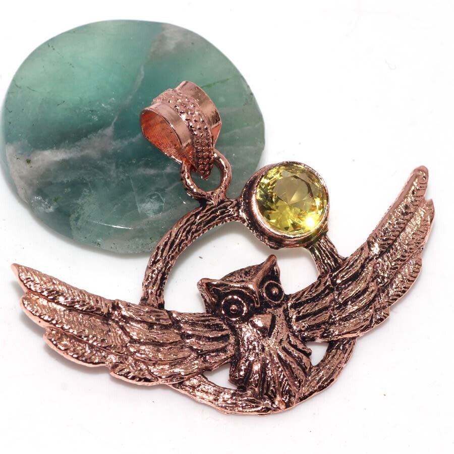 Citrine Copper Plated Owl Gemstone Handmade Pendant 1.5 Inch Unique Gift Jewelry