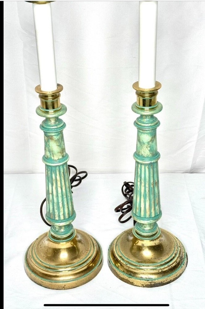 Vntg Stiffel Brass Table Lamps Seafoam Green Gold 6174- Two Included