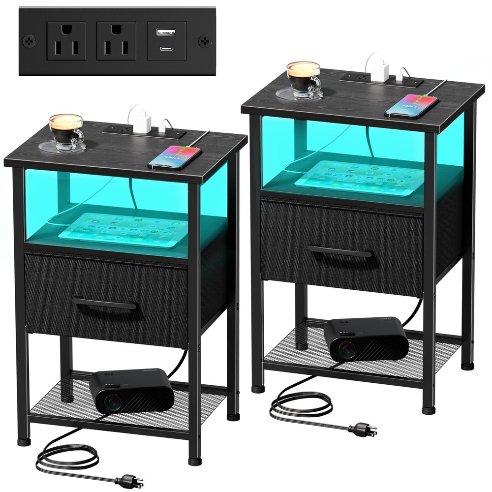 2 Nightstands with Charging Station & Drawer, Modern Bedside End Tables