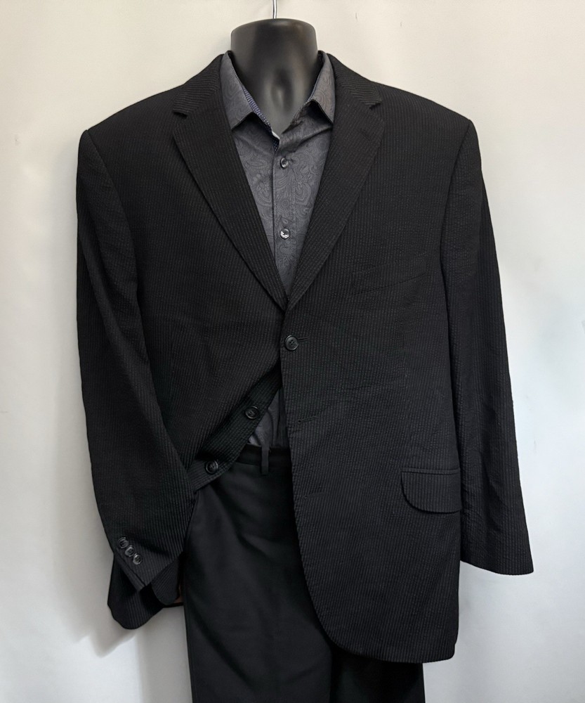 BEN SHERMAN Blazer Jacket Mens 46R 100% Wool Seersucker Textured 3-Buttons Black