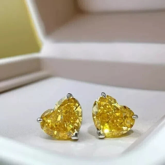 3Ct Lab-Created Citrine Heart Diamond Stud Earrings in 14K White Gold Plating