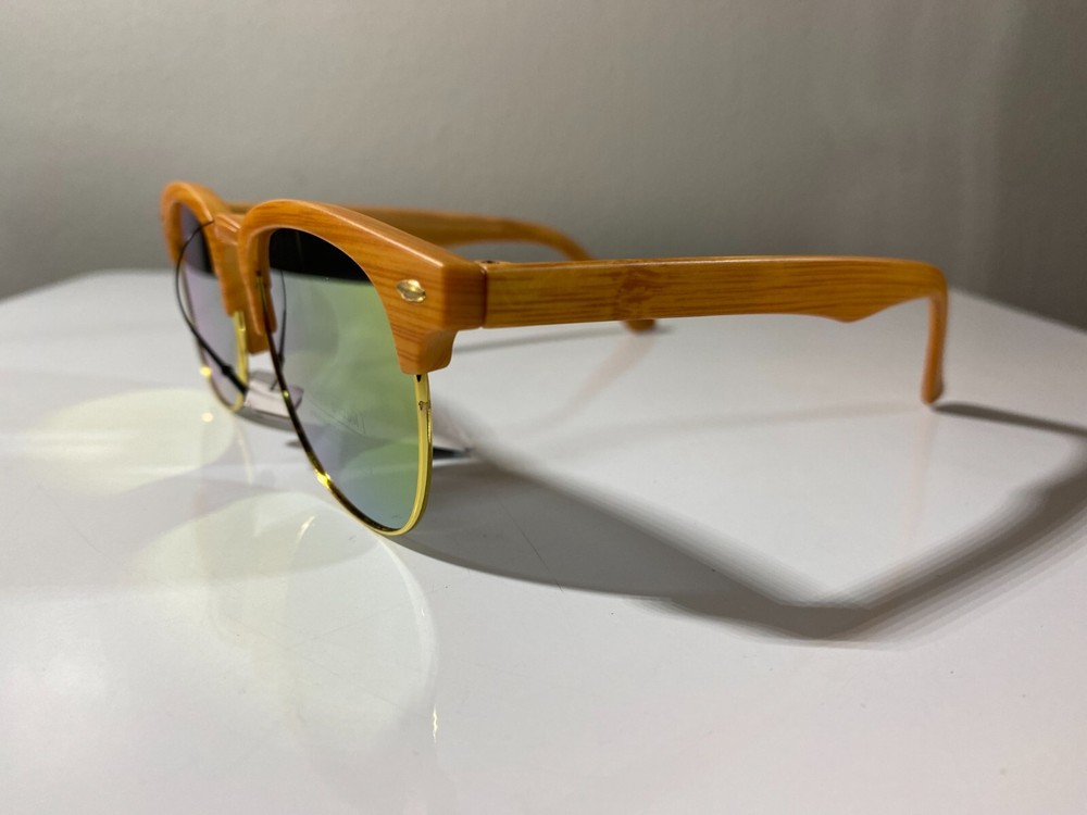 Vintage 60s Wooden Frame Sunglasses with Yellow Reflective Lenses