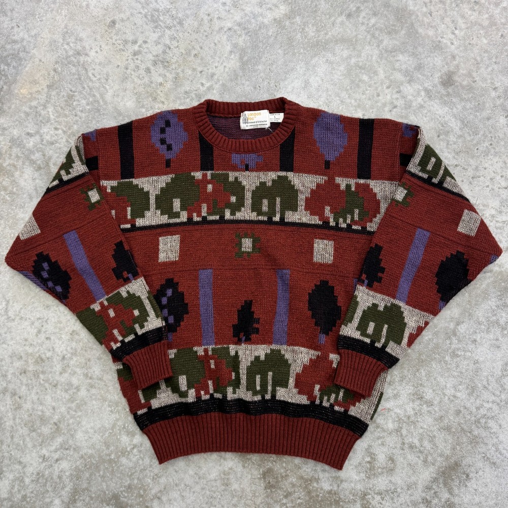 Vintage 90s London Fog Red Geometric Crewneck Knit Sweater Men’s Size L
