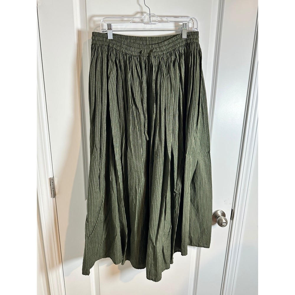 Bobbie Brooks Olive Green Metallic Stripe Maxi Skirt Small Elastic Waist Vintage 70s Boho Style