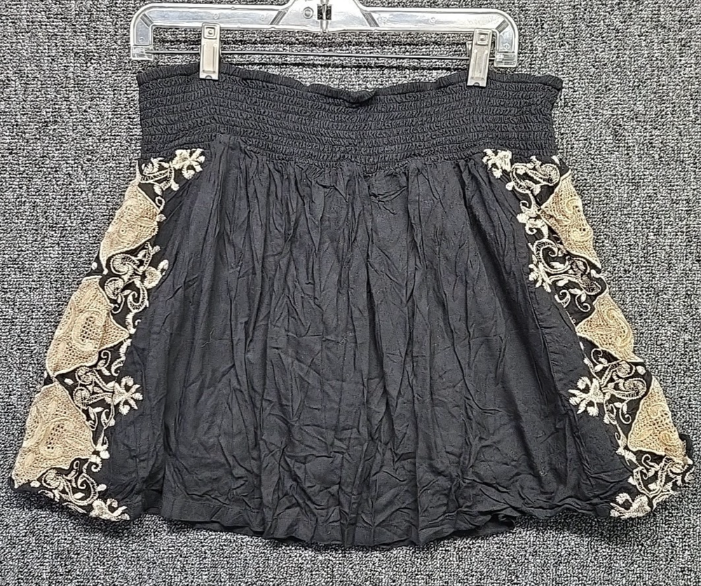 Y2K Black Linen Skirt Womens Large Mini Gold Embroidered Boho Hippie Peasant