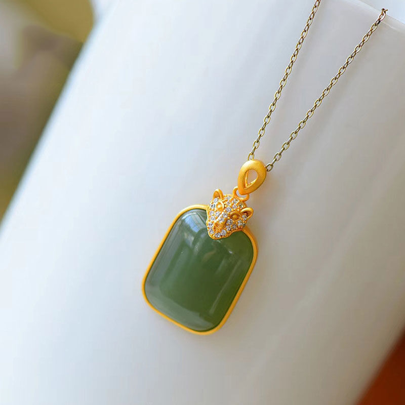 Green Jade Leopard Pendant Jewelry Natural Chalcedony 925 Silver Necklace