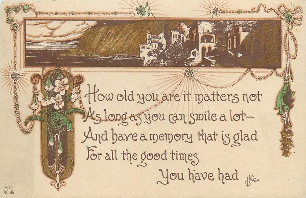 c1910 Arts & Crafts smiles memories saying artist impression Postcard 26-1609