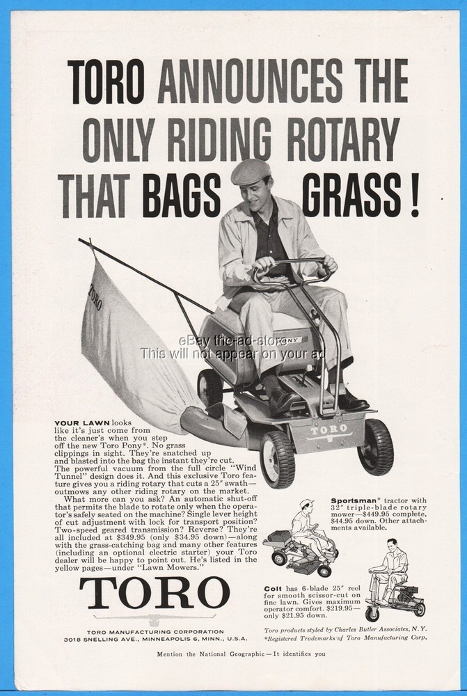 1960 Toro Pony Sportsman Colt Riding Mower Vintage Print Ad Minneapolis MN  