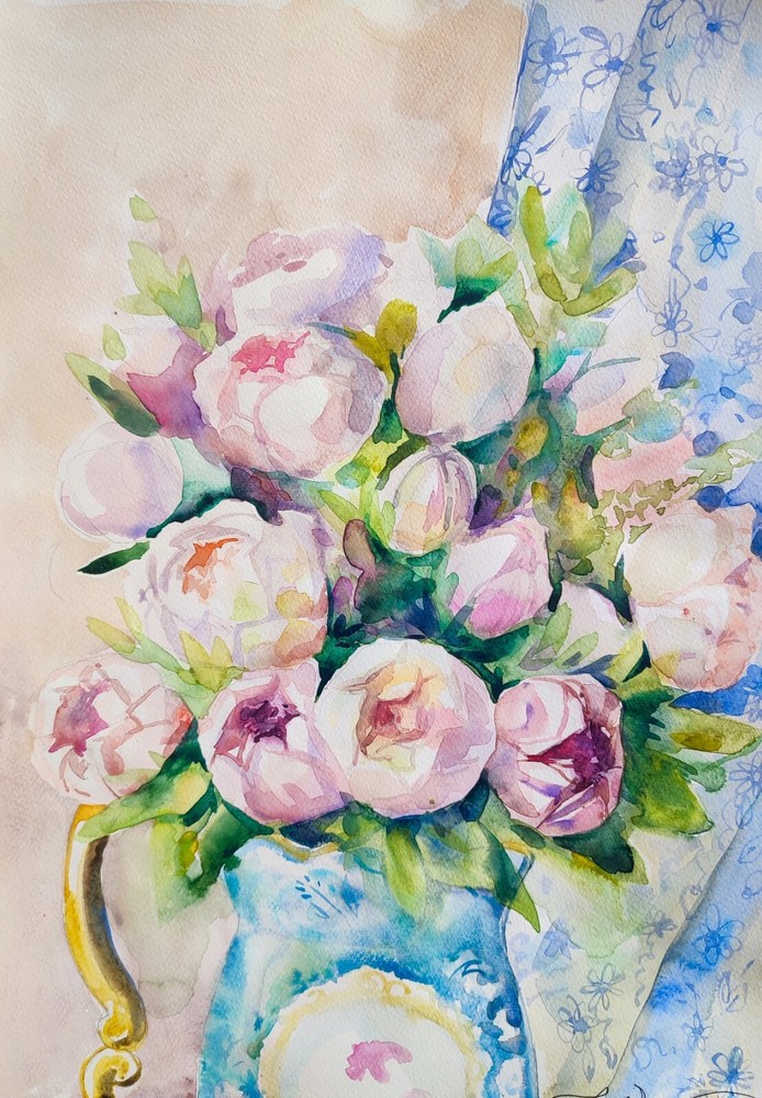 Original Watercolor Painting Flowers in Vase Painting Handpainted Wall Art