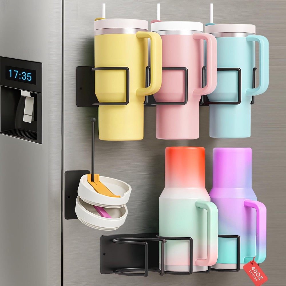 Magnetic Stanley Cup Holder for Fridge, 2 Pack Tumbler Organizer with Lid Org...