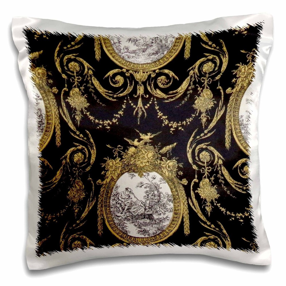 3dRose French toile. Gold and Black. 16x16 inch Pillow Case
