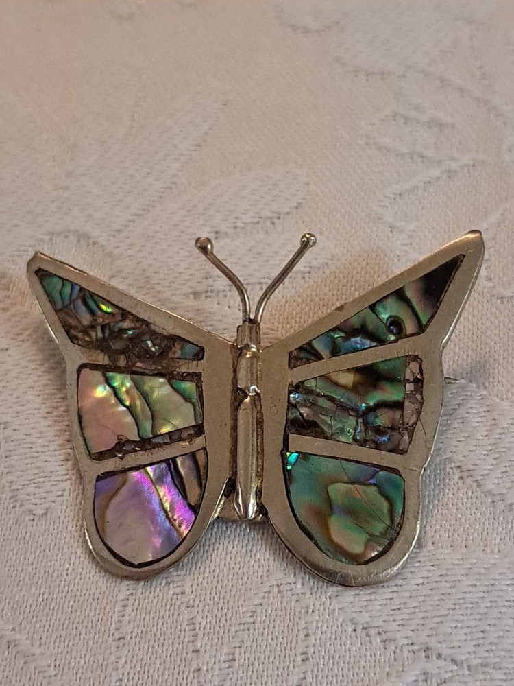 Vintage Mexican Silver Abalone Butterfly Brooch Pin Signed