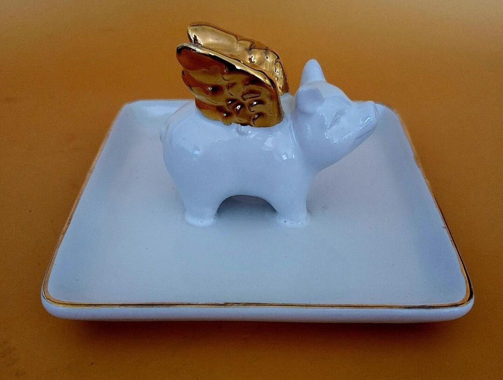 Hobby Lobby Gold Accent Ceramic When Pigs Fly Trinket Dish 5x5x3