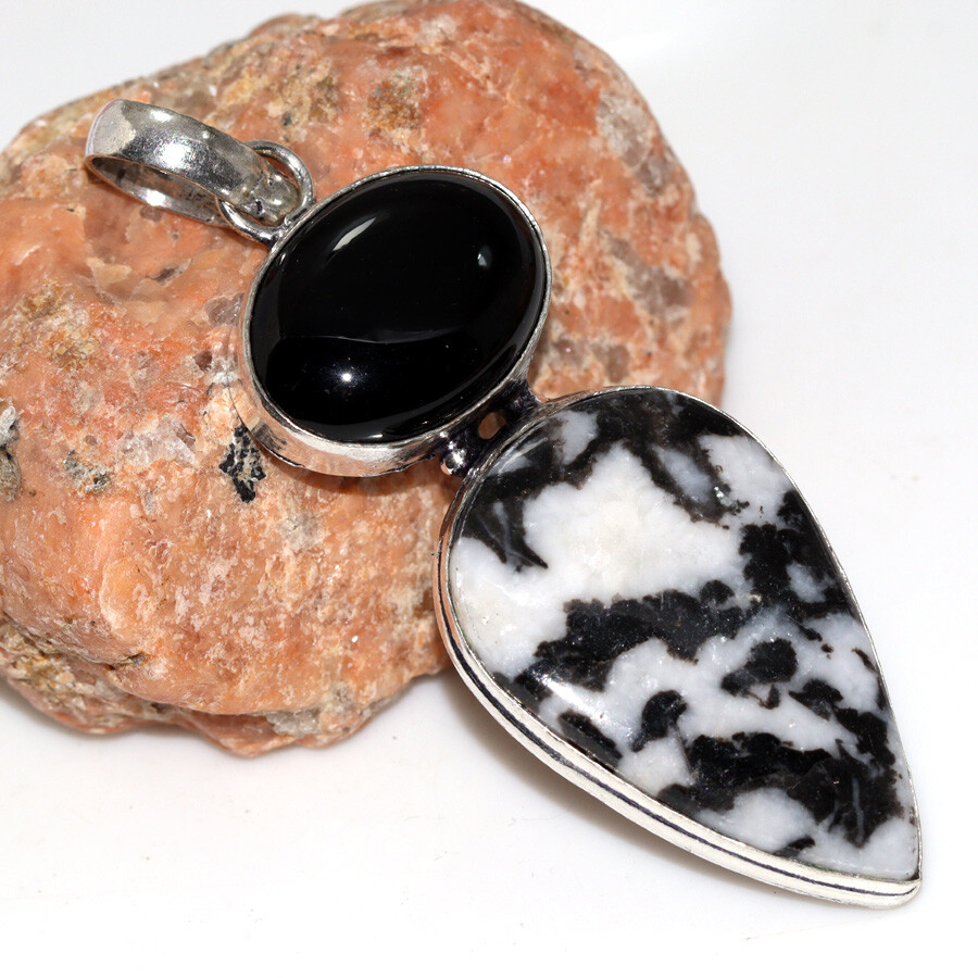 925 Silver Plated Long Pendant with White Buffalo Turquoise and Black Onyx 2.7