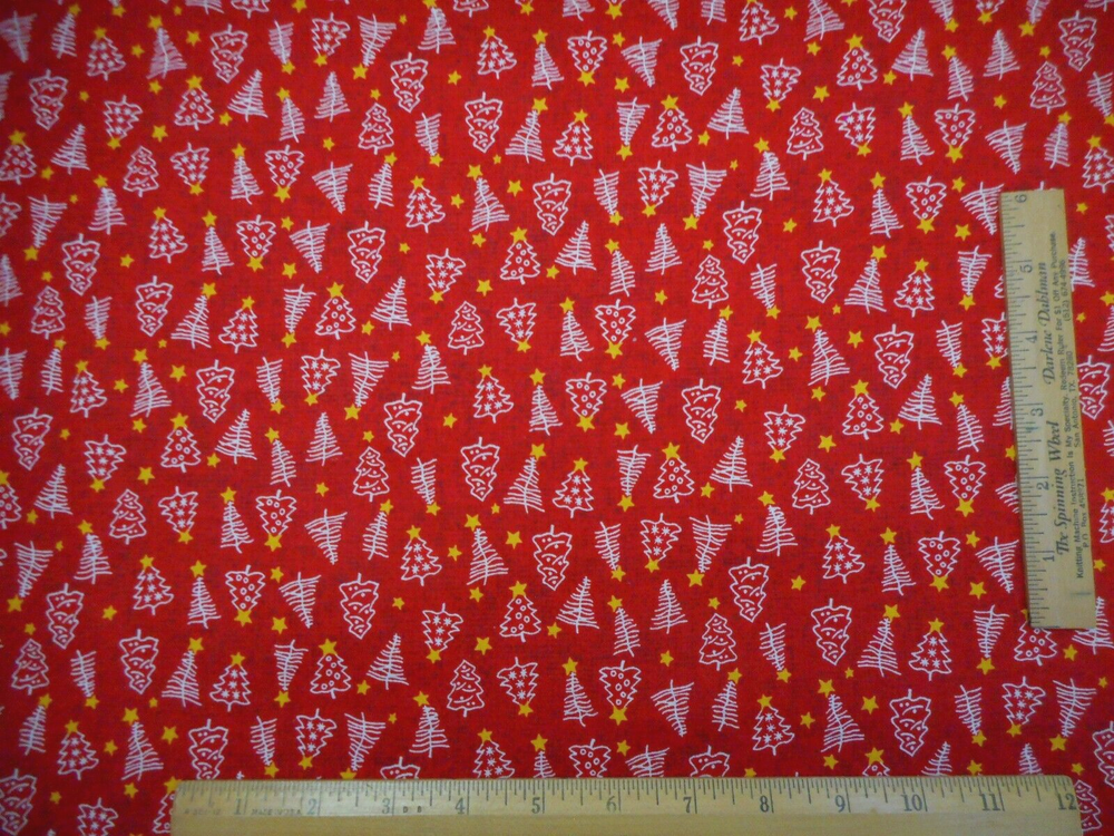 Christmas Quilt Fabric By The Yard White Trees Gold Stars on Red Cotton Vtg #43