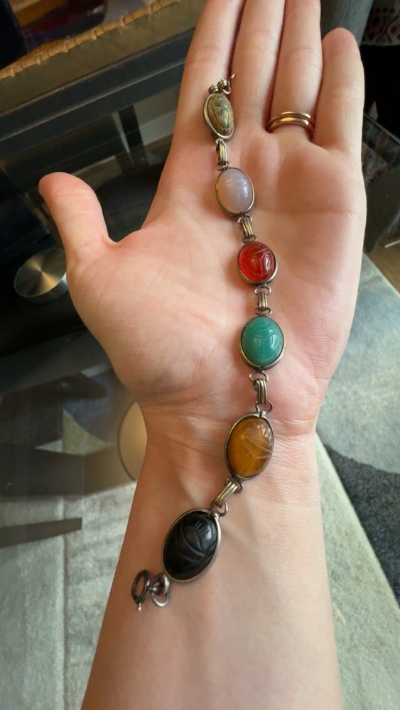Vintage Scarab Link Bracelet Natural Various Stones Carved Size 7.25