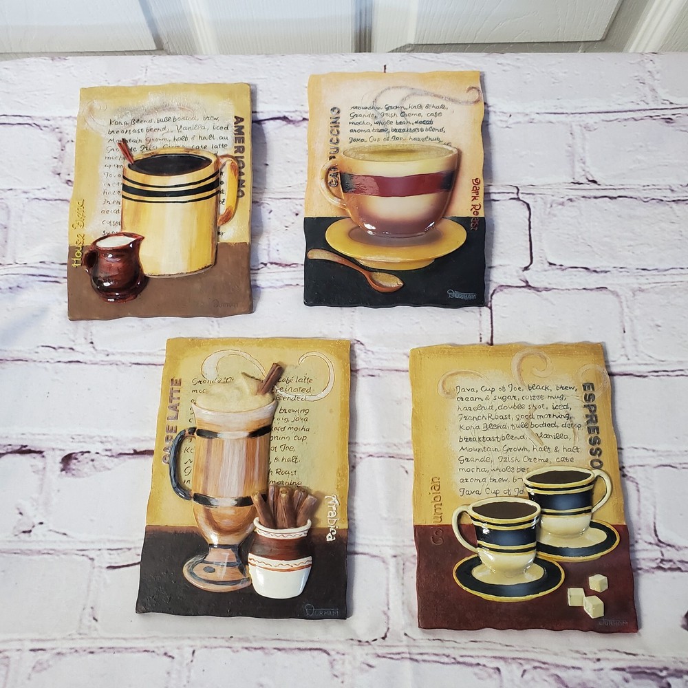 Set Of 4 Coffee Themed 3D Resin Plaque Wall Art Hanging Tile By Durham 6x4