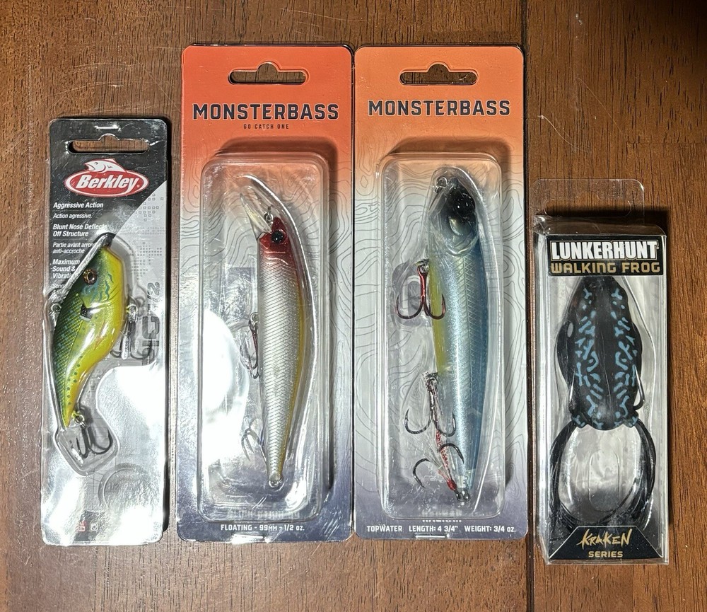 Lot of 4 Topwater Lures - 2 Monsterbass, 1 Lunkerhut, 1 Berkley Fishing Baits