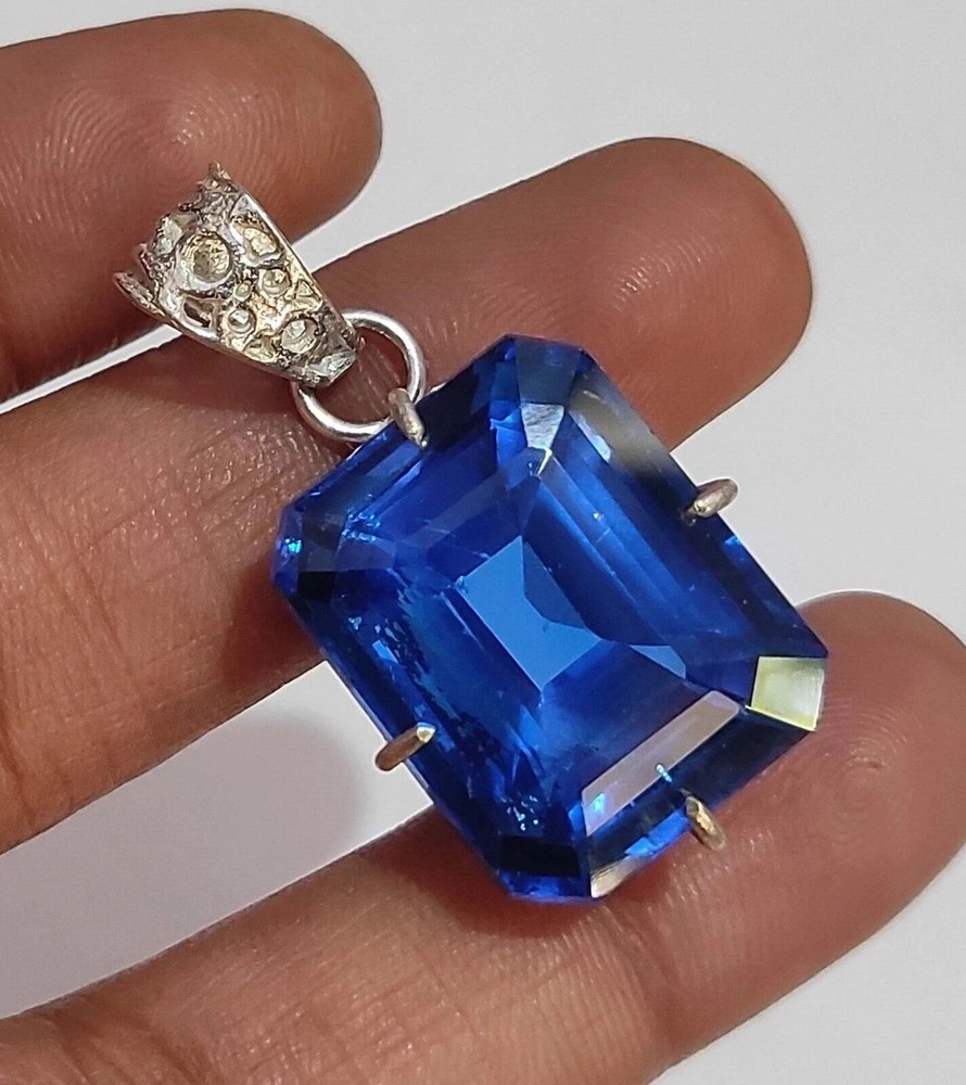 35 Ct Natural Blue Sapphire & Emerald Certified Loose Gemstone in Silver Pendant