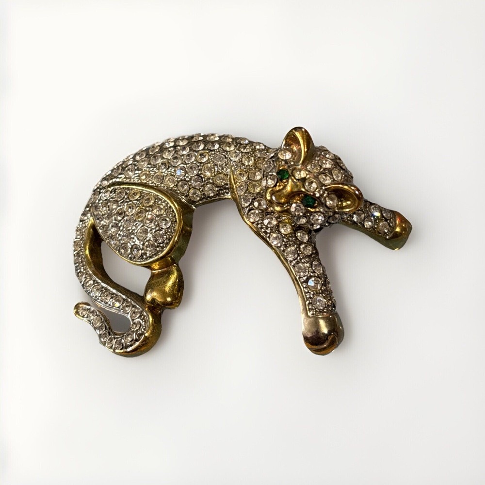 XLarge Cat Tiger Rhinestone Green Eyes Gold Scarf Brooch Pin