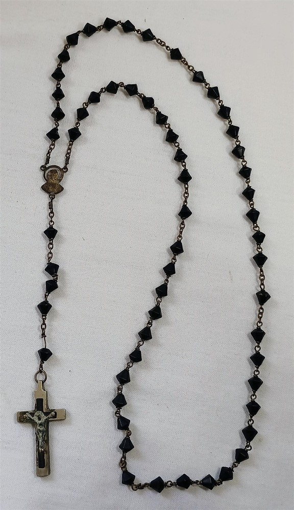 Vintage French Rosary with Glass Beads and Inlaid Wood Cross Crucifix