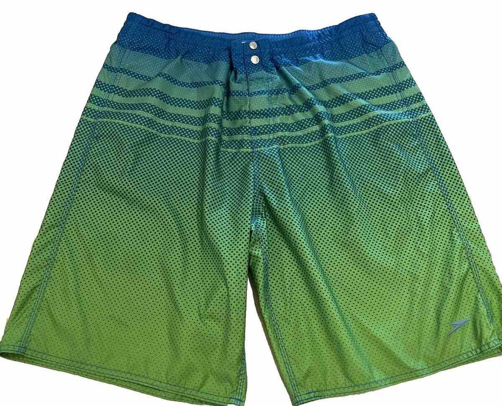 Speedo Swim Trunks Mens Large Green Blue Dotted Bottoms Mesh Beach Pool Casual