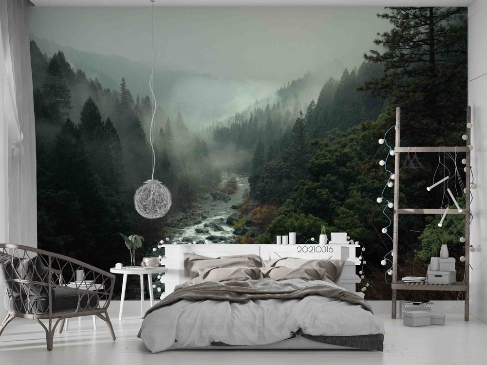 3D Forest Mist River Landscape Wall Murals Wallpaper Murals Wall Sticker