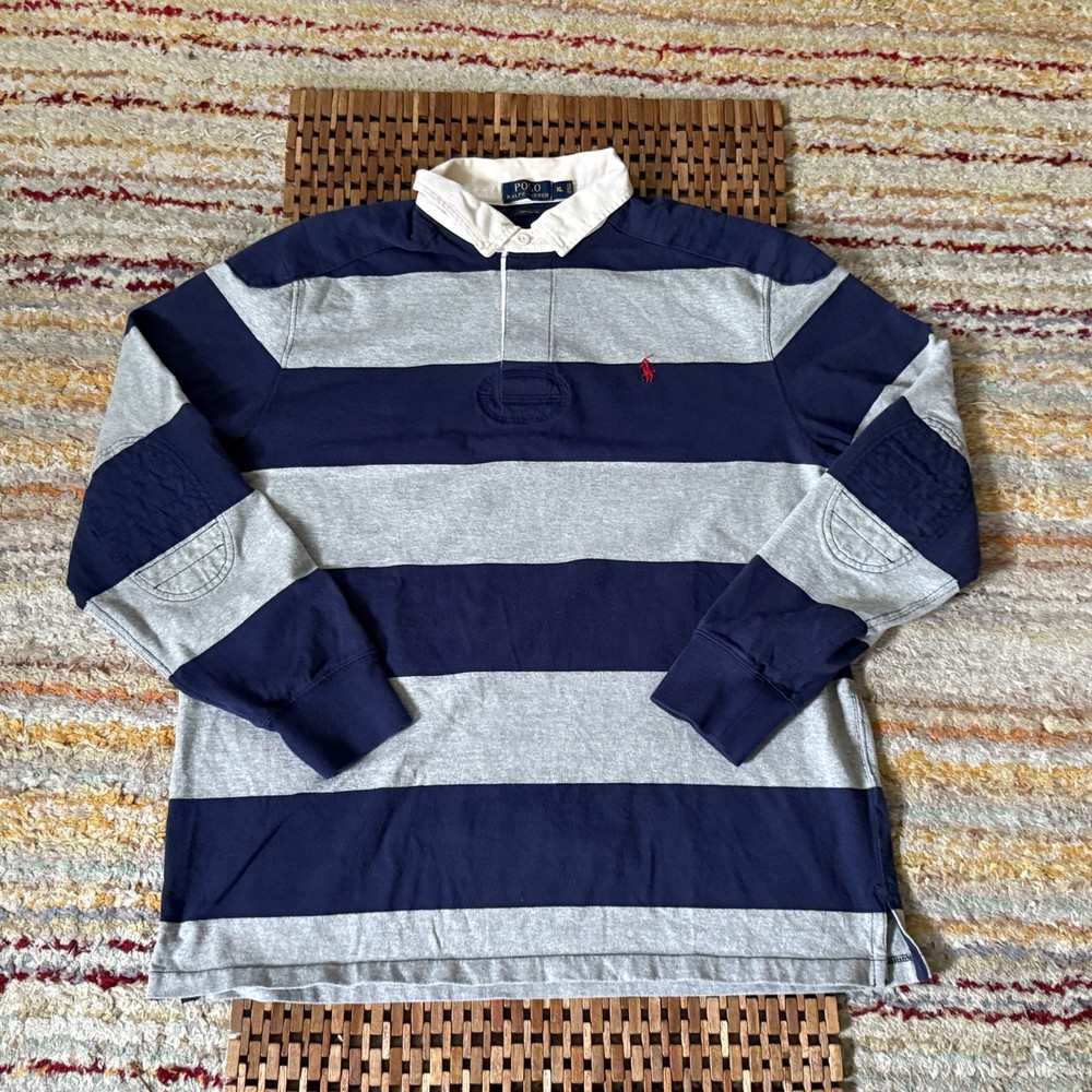 Vintage Polo Ralph Lauren Blue Grey Stripe Rugby Shirt Men's Size XL VTG