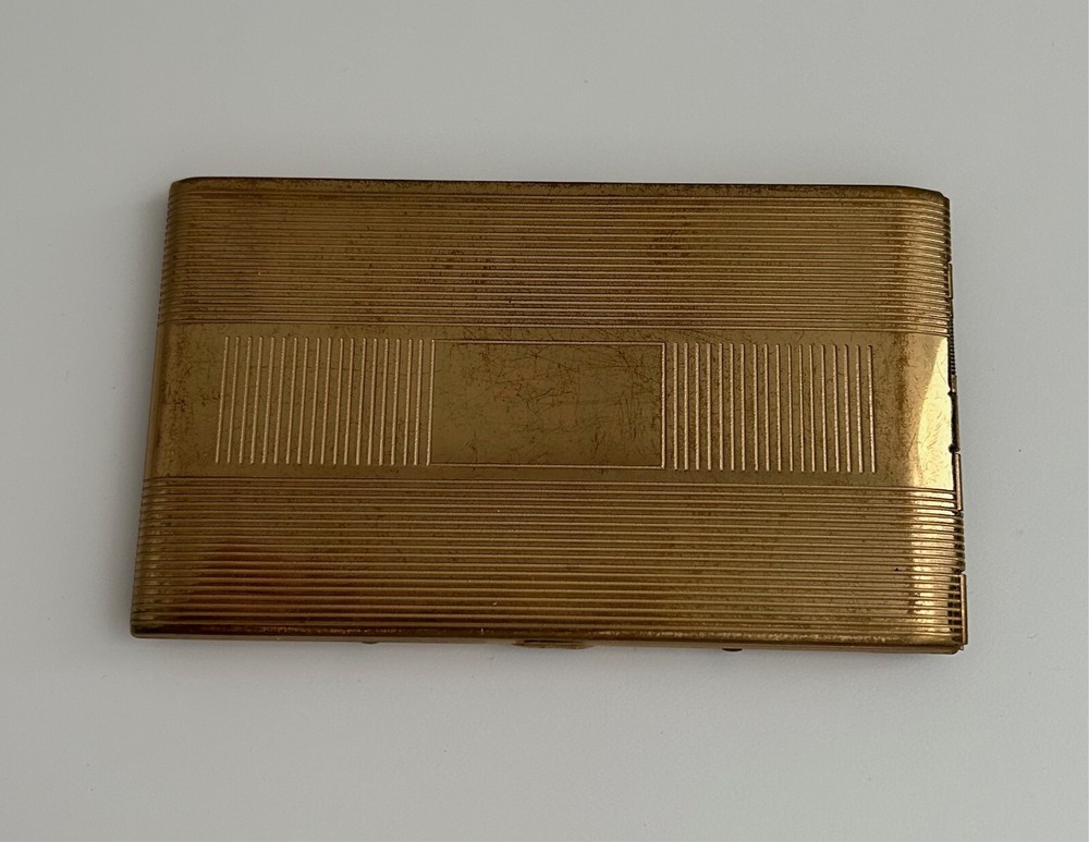 Vintage Karnee Metal Brass Compact Art Deco Cigarette Case Etched Design