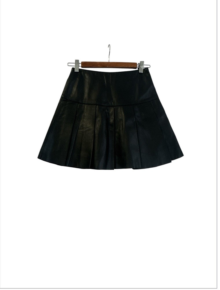 HENTESS Black Pleated Leather Skater Mini Skirt for Women