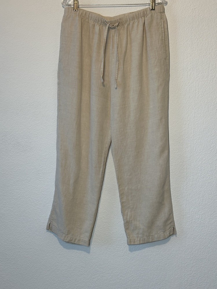 Linen Drawstring Pants Womens Size Large 33x25  Beige Pull On Cropped Orvis