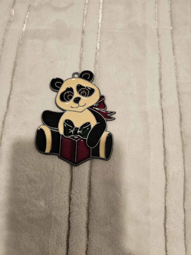 Vintage Resin Christmas ornament Stained Glass Style Panda Bear Metal Frame