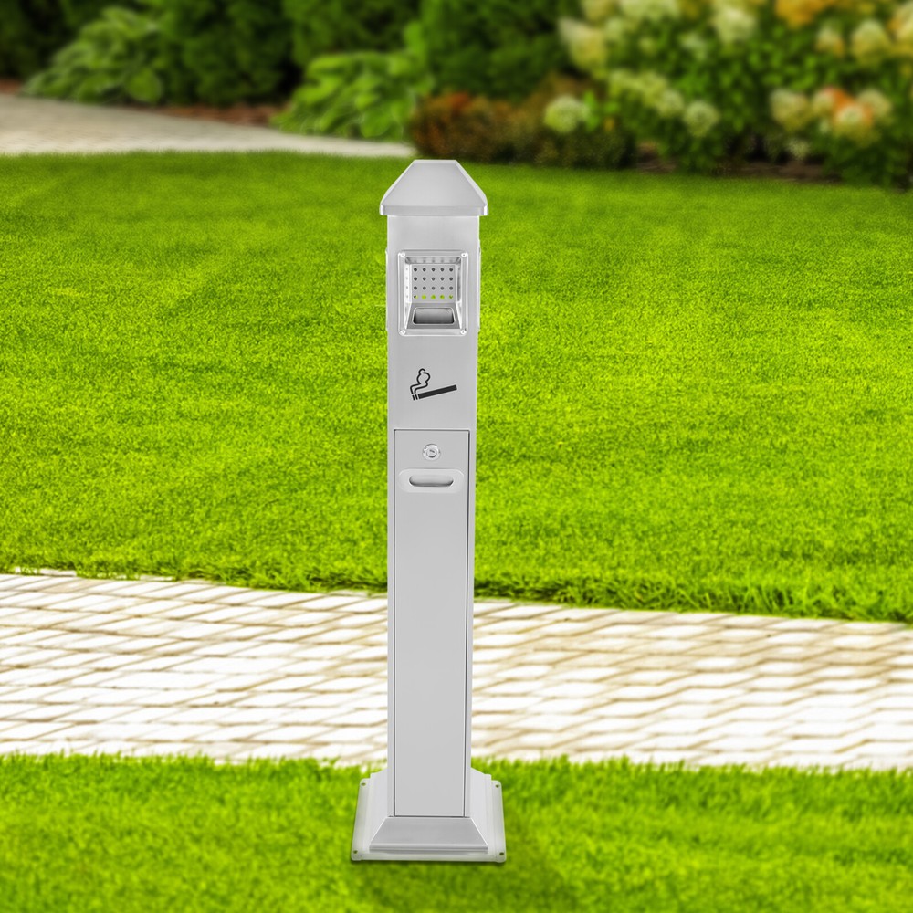 Metal Vertical Trash Bin Cigarette Butts Ash Outdoor Trash Can Container Silver