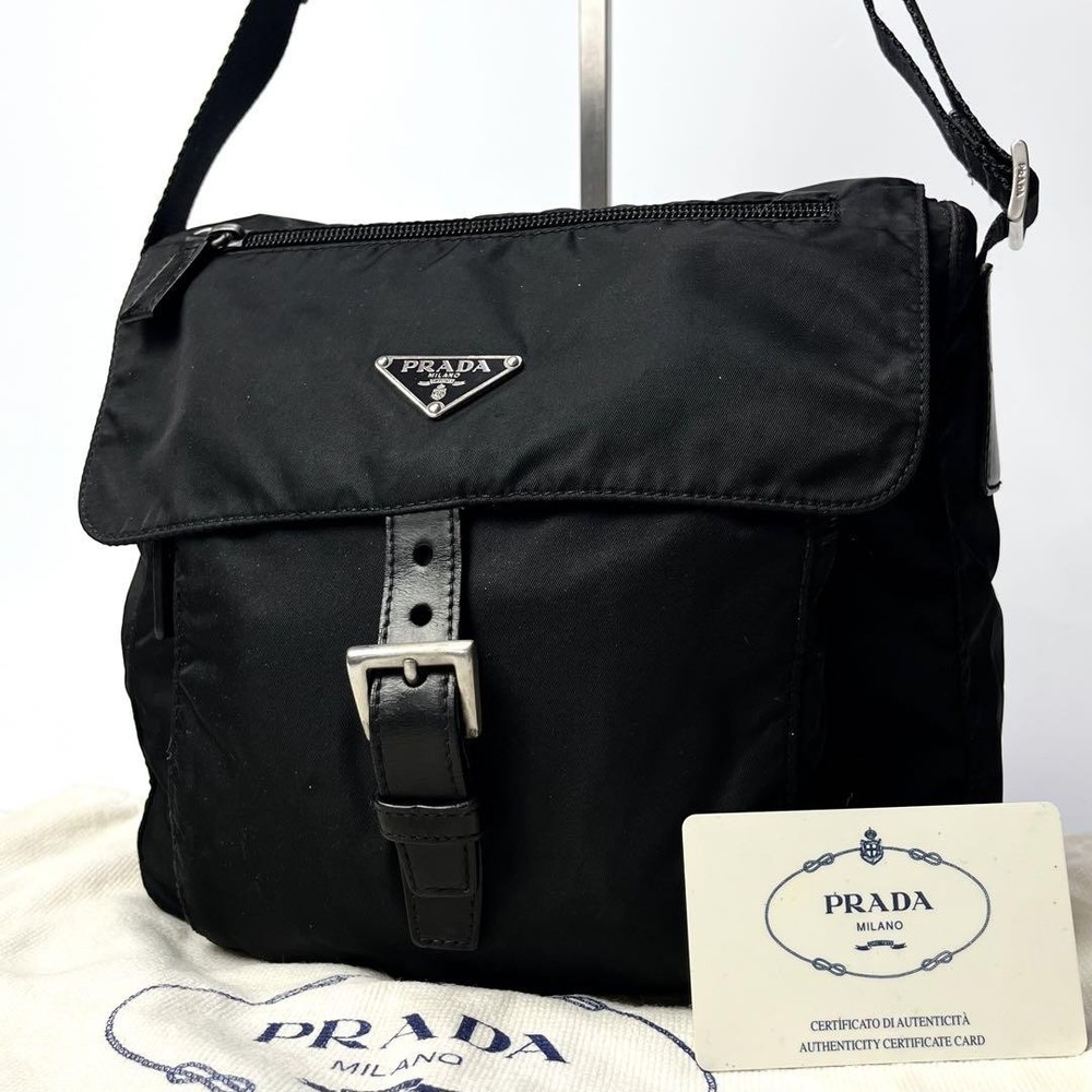 Prada Pocono nylon leather shoulder bag with triangular logo in black excellent condition