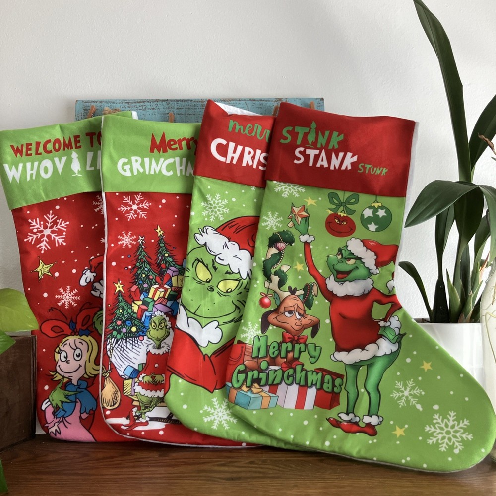 Festive Grinch Christmas Felt Stockings Set of 4 15-Inch