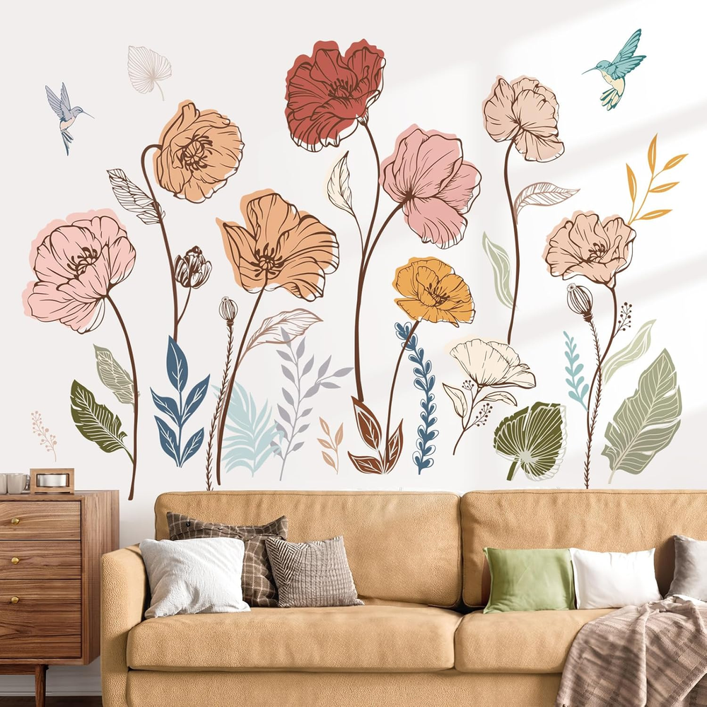 Boho Flower Wall Stickers Floral Leaves Grass Peel and Stick Wall Art Decals for