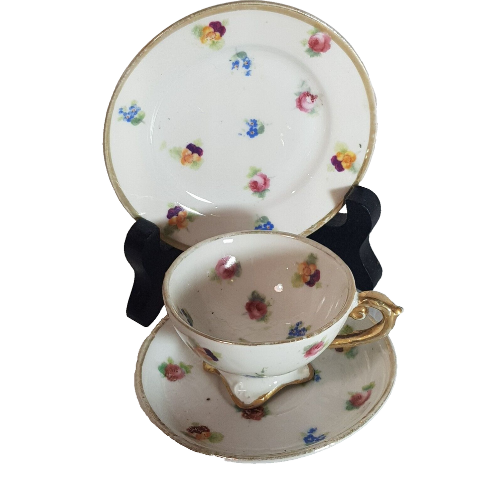 Miniature 1930s Tea Cup Trio Set for Dollhouse Display with Hand-Painted Flowers and Cabinet