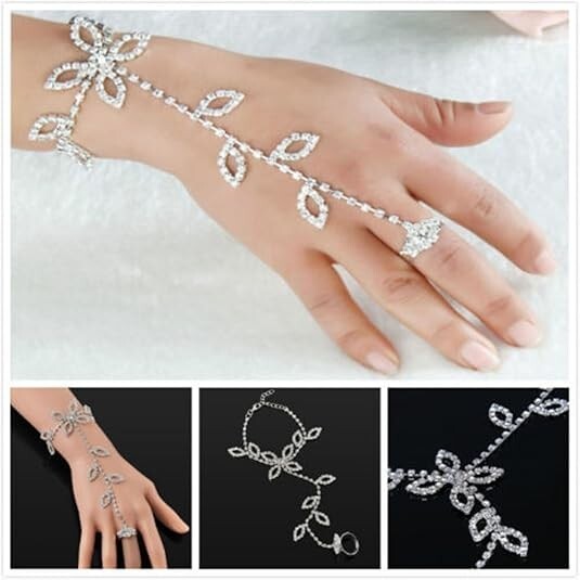 Silver Glitter Rhinestone Slave Chain Hand Harness Bracelet with Finger Ring