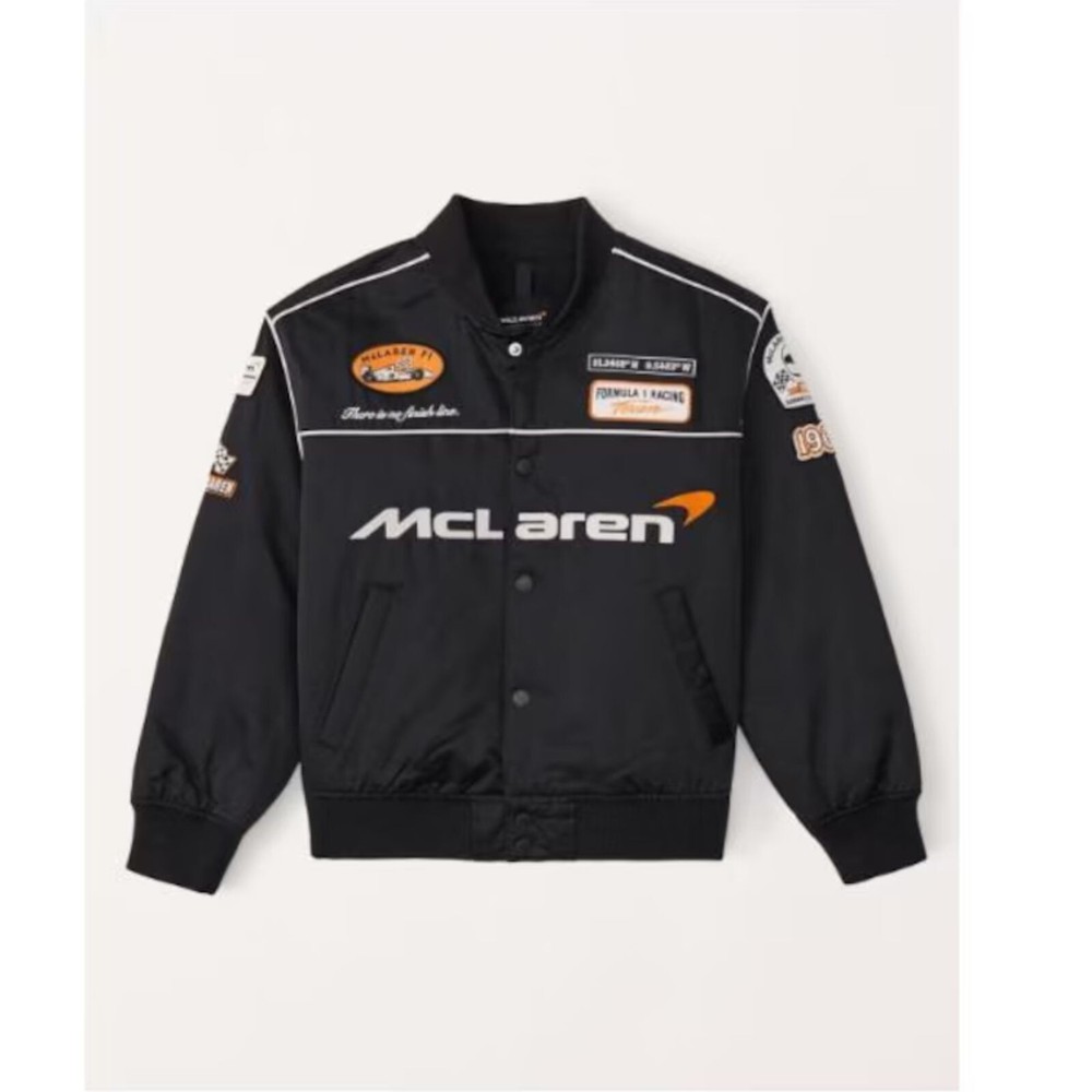 McLaren Black Satin Bomber Jacket for Men with Snap Closure and Rib-Knit Details