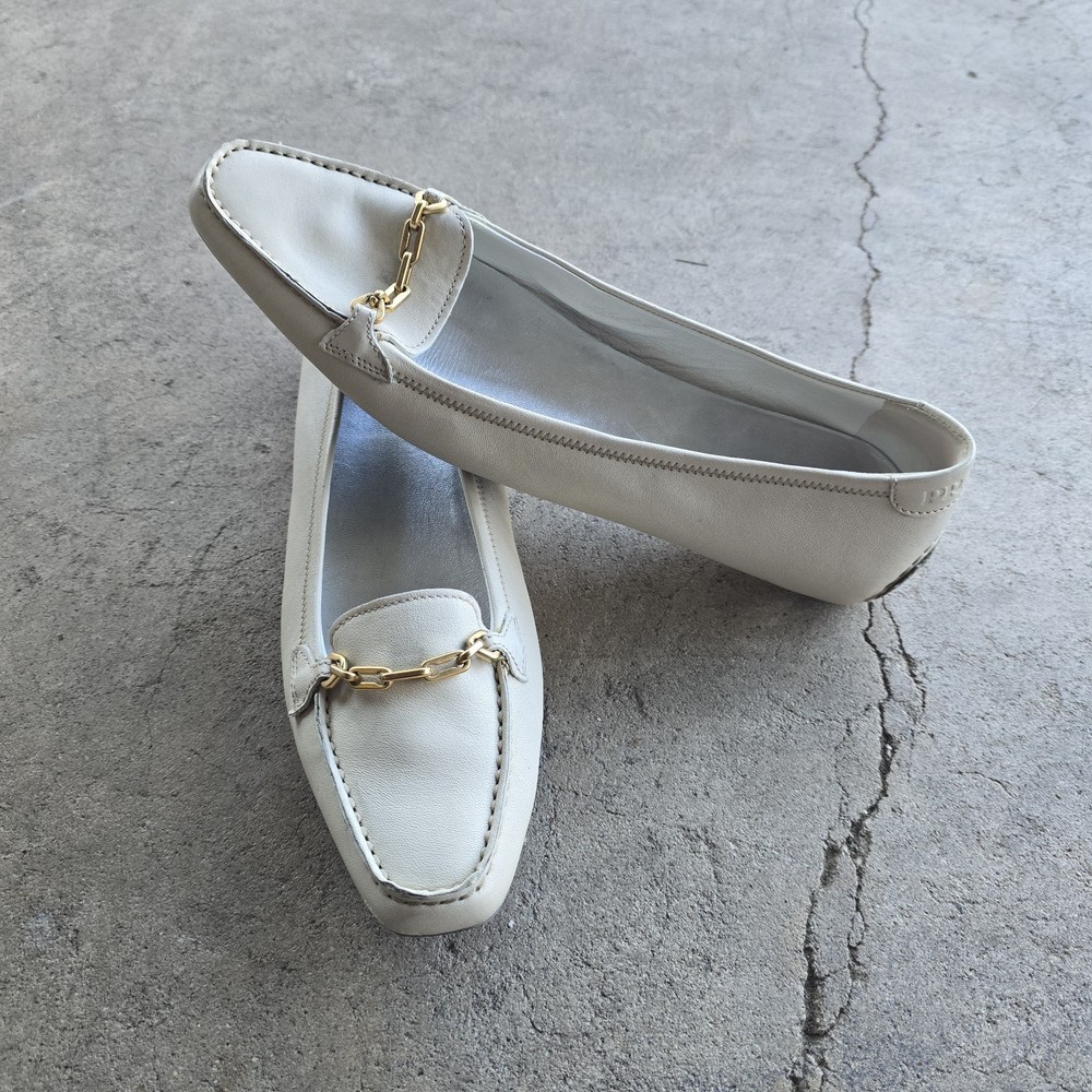 Prada Vintage Beige Leather Loafers with Chains Size 38.5