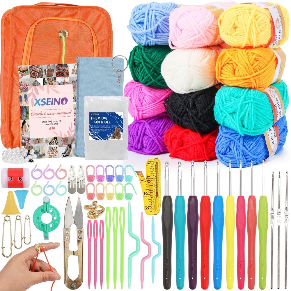 XSEINO Crochet Kit with Crochet Hooks Yarn Set - Bundle Includes 12 Colors Croch