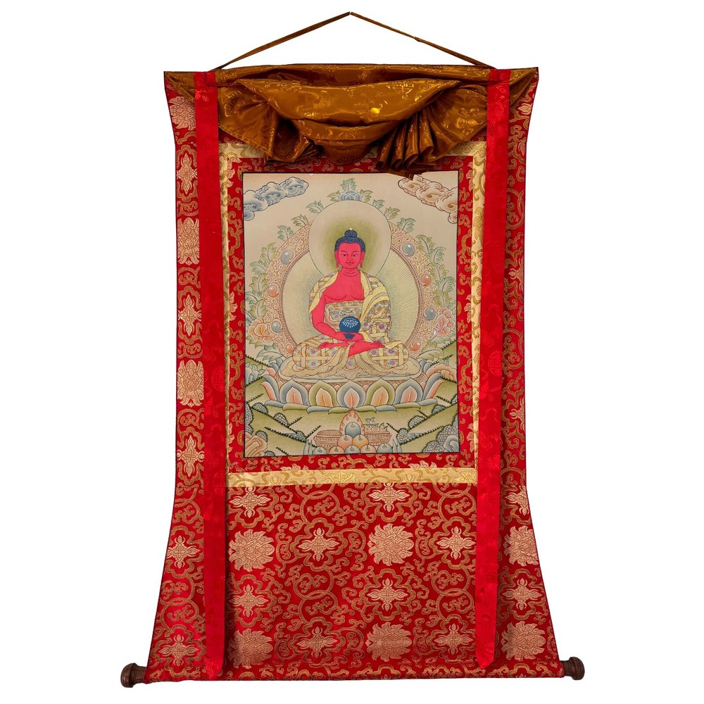 Silk Brocade Mounted Red Amitabha Buddha Thangka Art