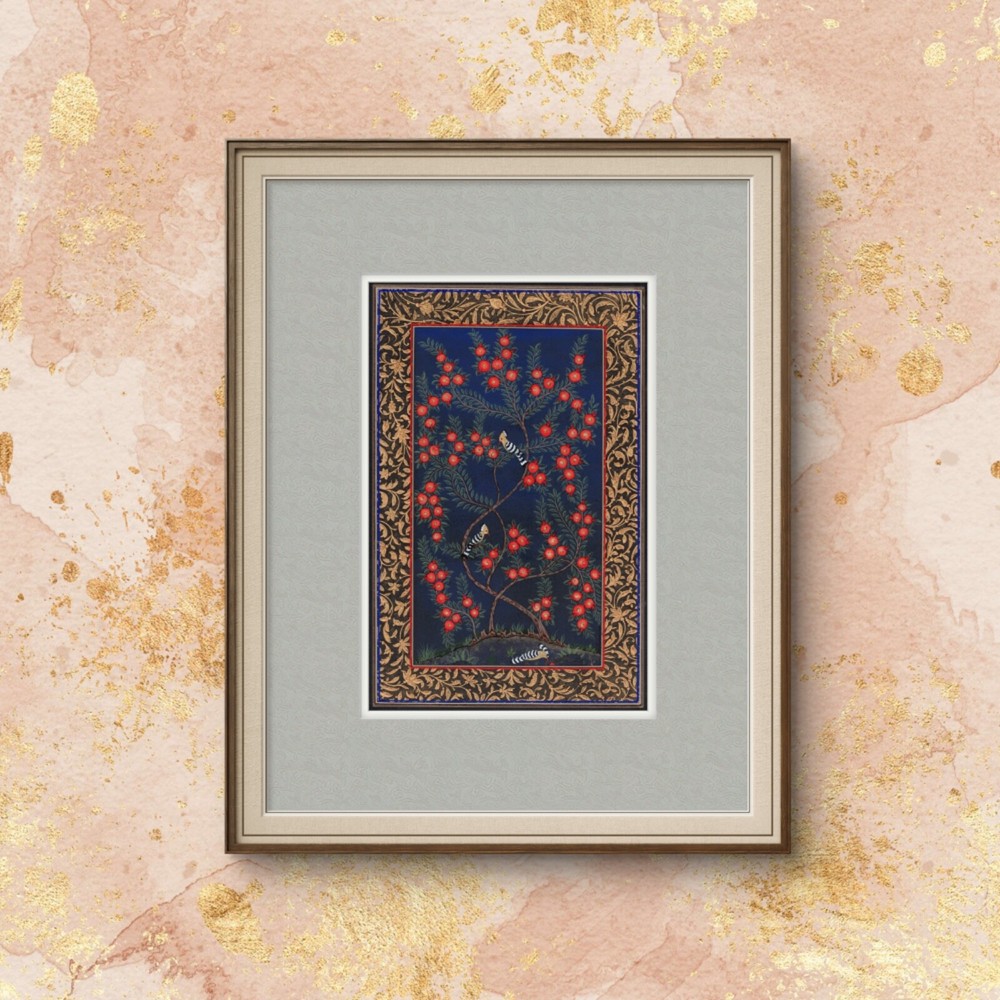 Tree of Paradise-Hoopoe Miniature Bird Painting on Fine Black Paper  Matted 2015