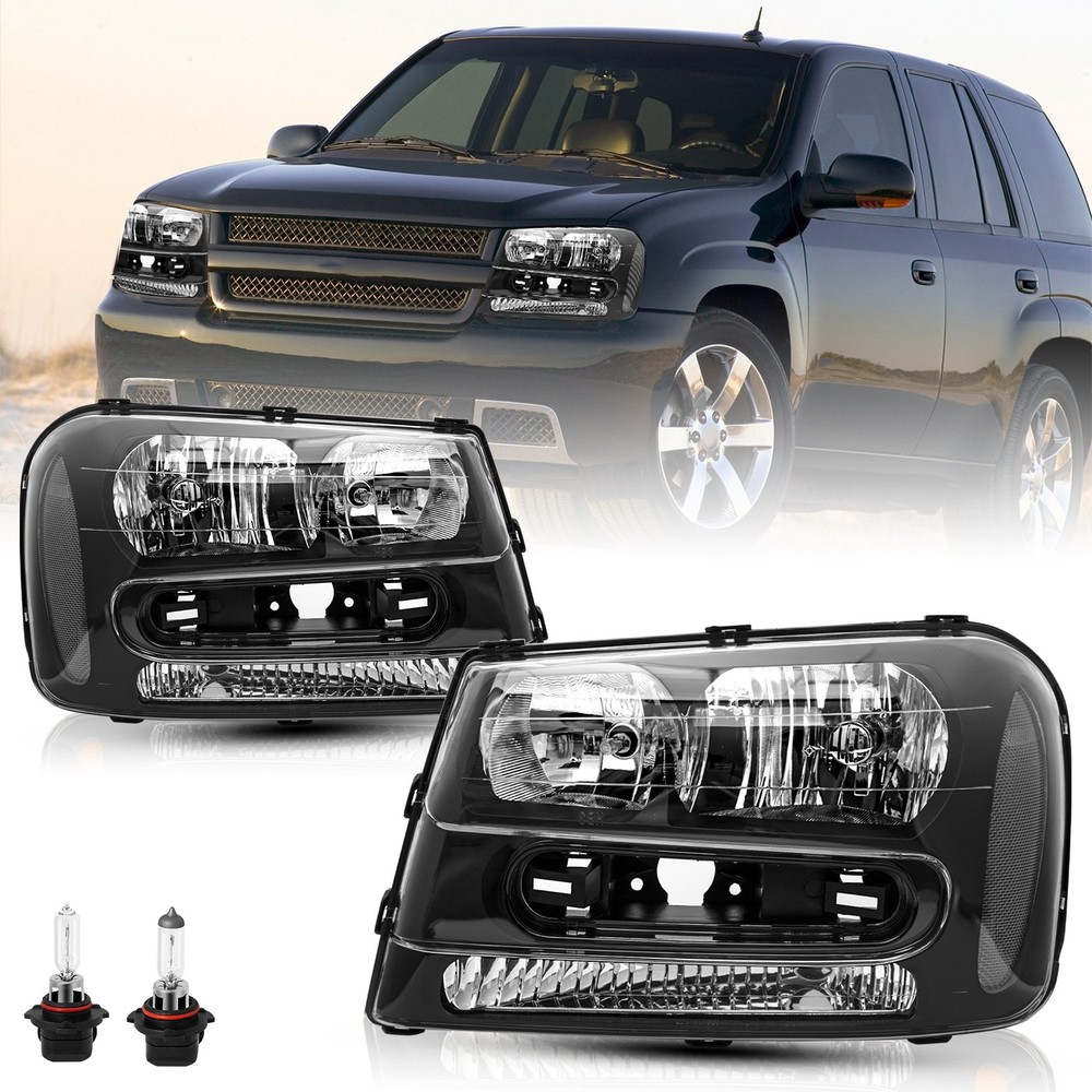 For 2002-2009 Chevy Trailblazer Black Clear Corner Headlight w/ Bulb LH+ RH Sets