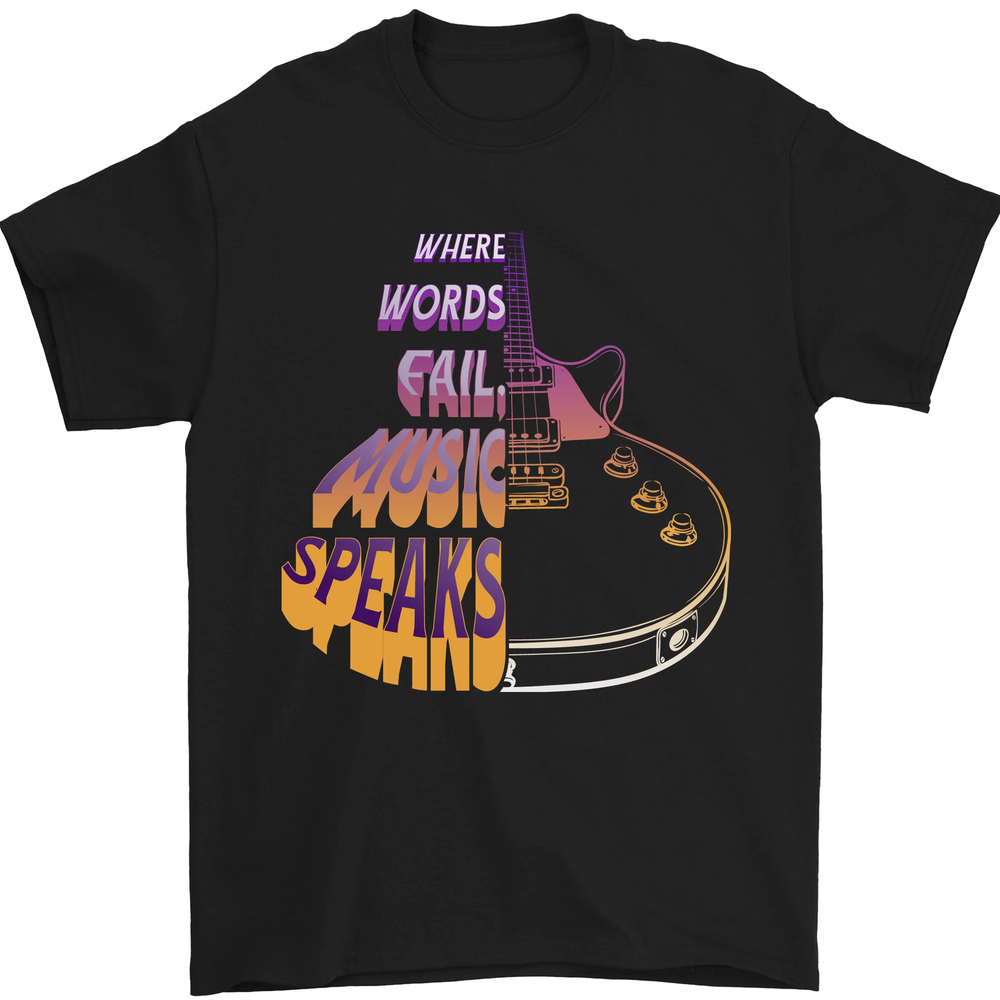Where Words Fail Music Speaks Guitar Rock Mens T-Shirt 100% Cotton