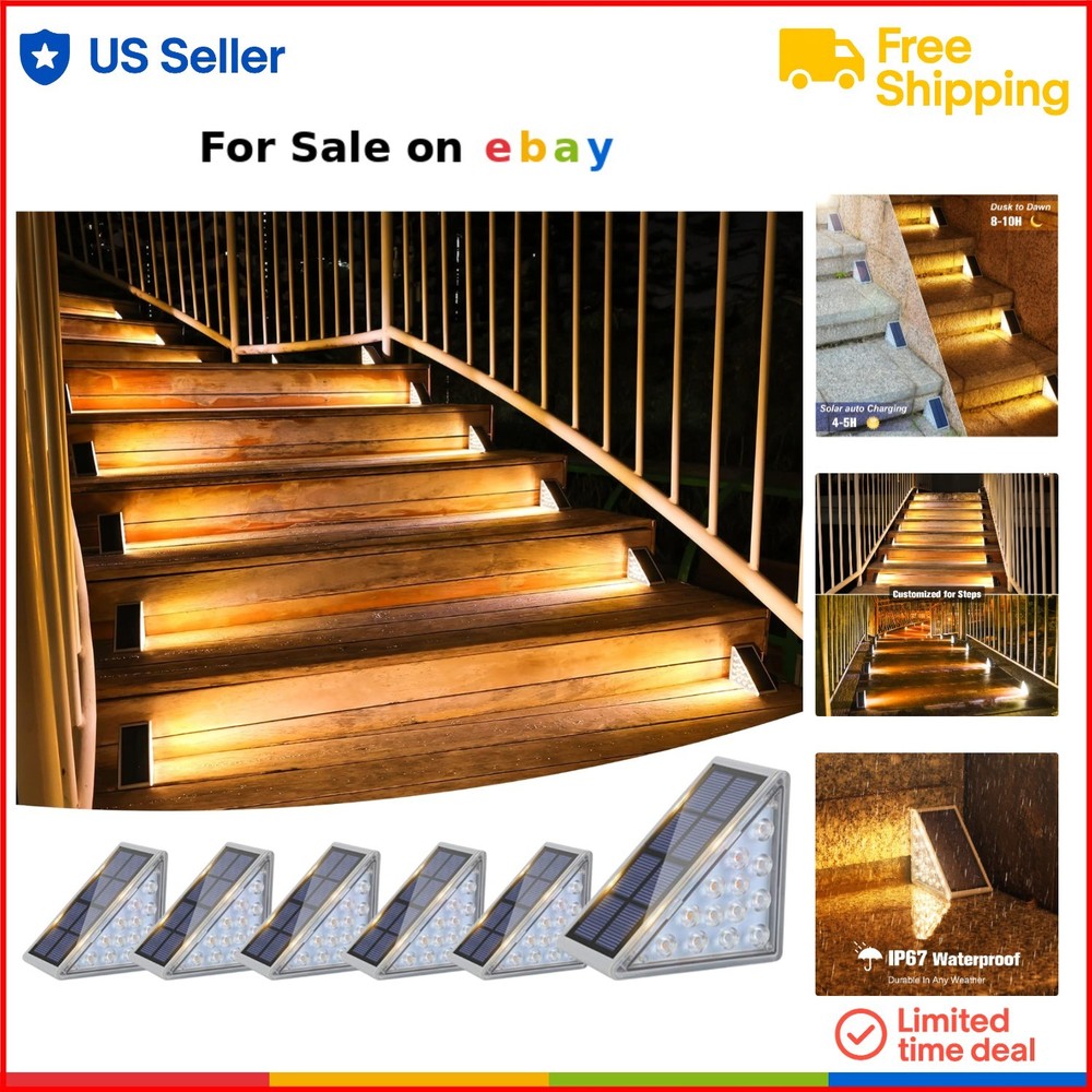 6 Pack Solar Step Lights Waterproof LED Outdoor Garden Stair Deck Porch Lighting