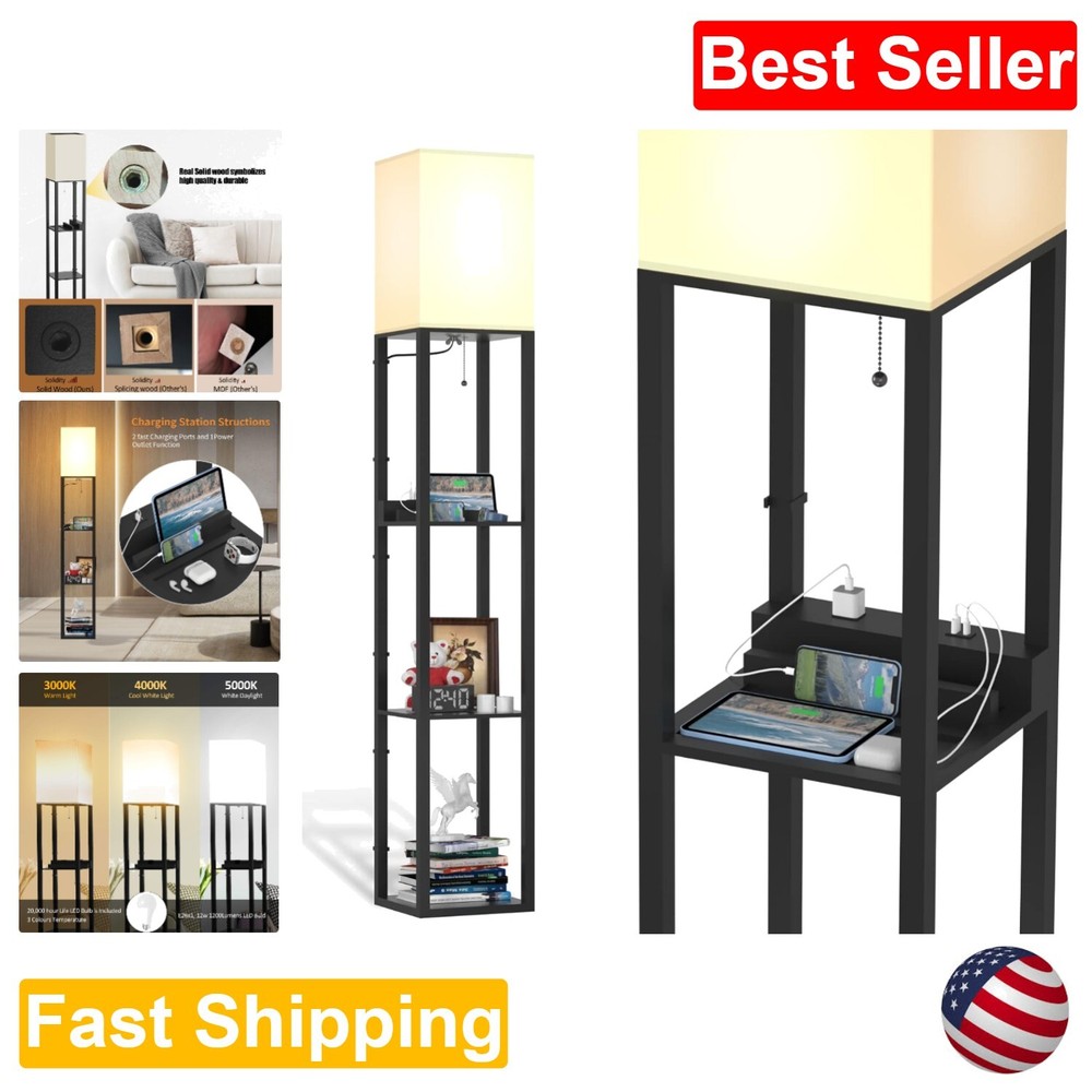 Modern Floor Lamp with Storage Shelves & USB Outlet